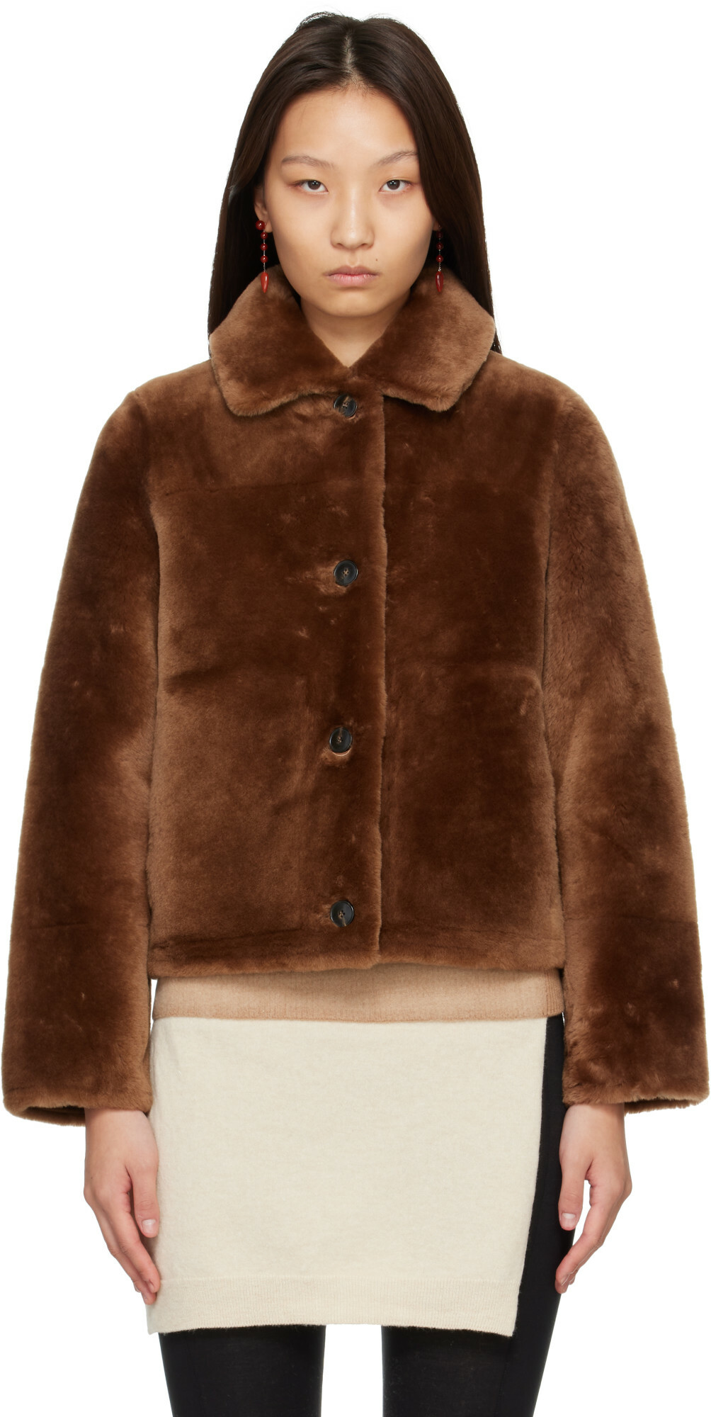 Yves Salomon Brown Shearling Merino Short Jacket