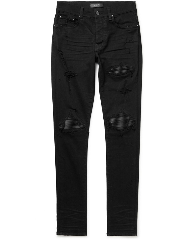 Photo: AMIRI - MX1 Skinny-Fit Distressed Leather-Panelled Stretch-Denim Jeans - Black