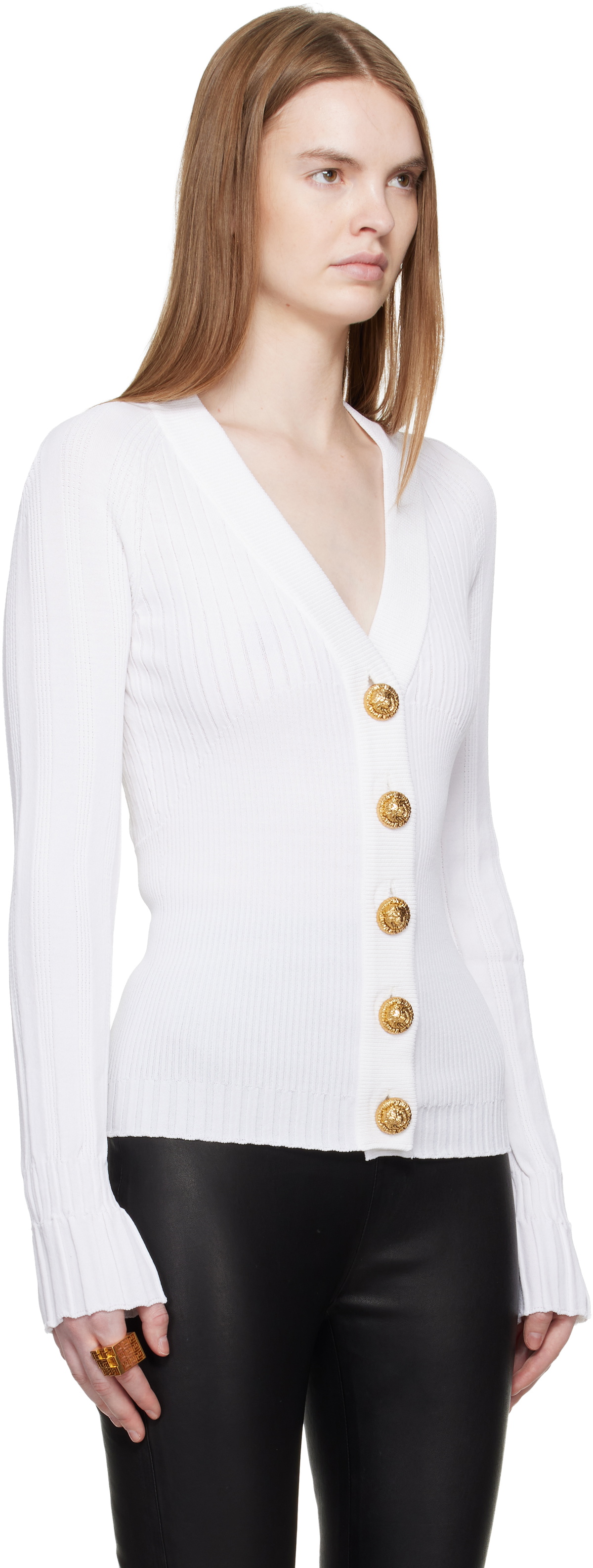 Balmain White Buttoned V-Neck Light Knit Cardigan