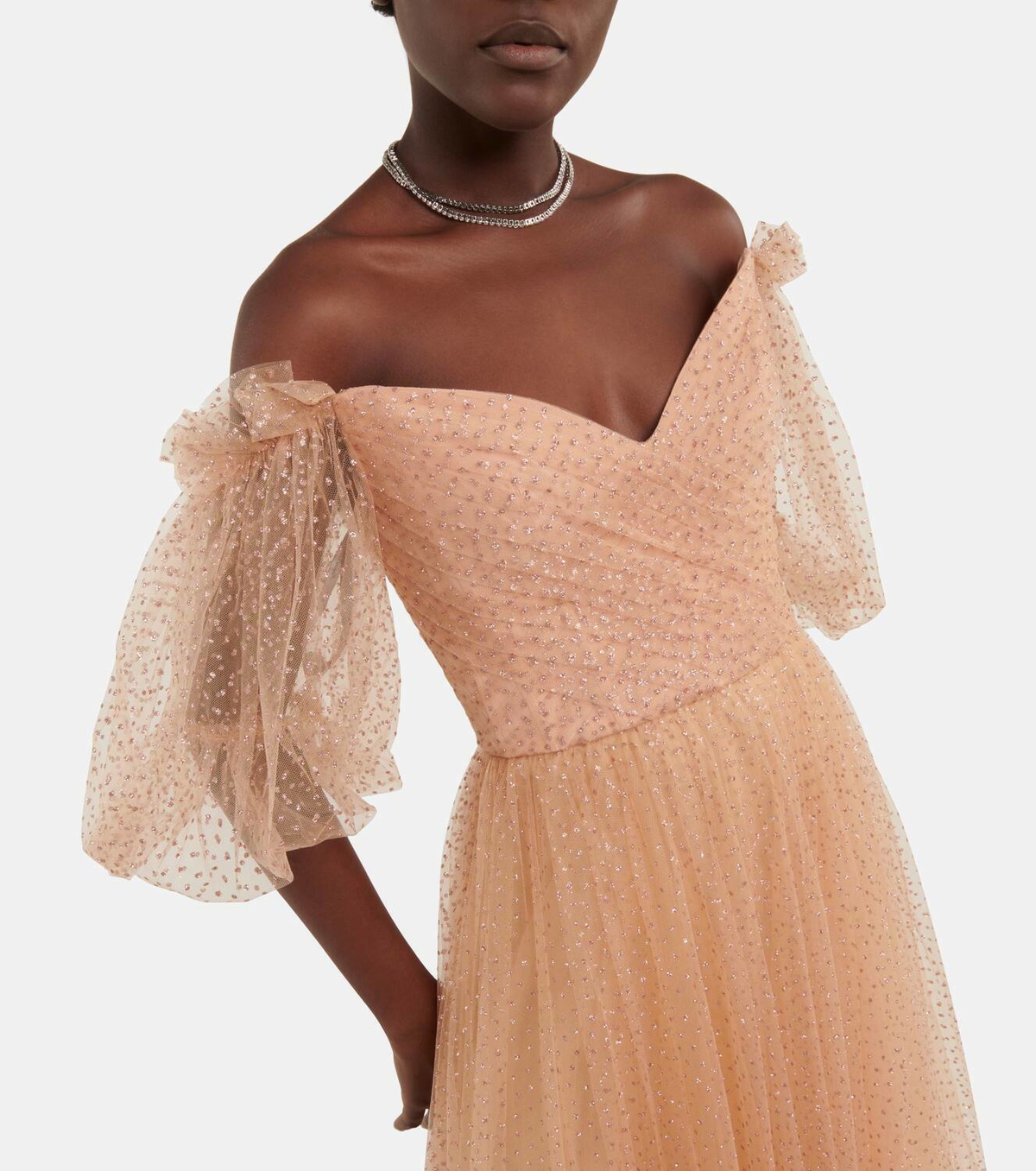 Monique Lhuillier Embellished tulle off shoulder gown Monique Lhuillier