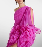 Costarellos One-shoulder ruffled silk gown