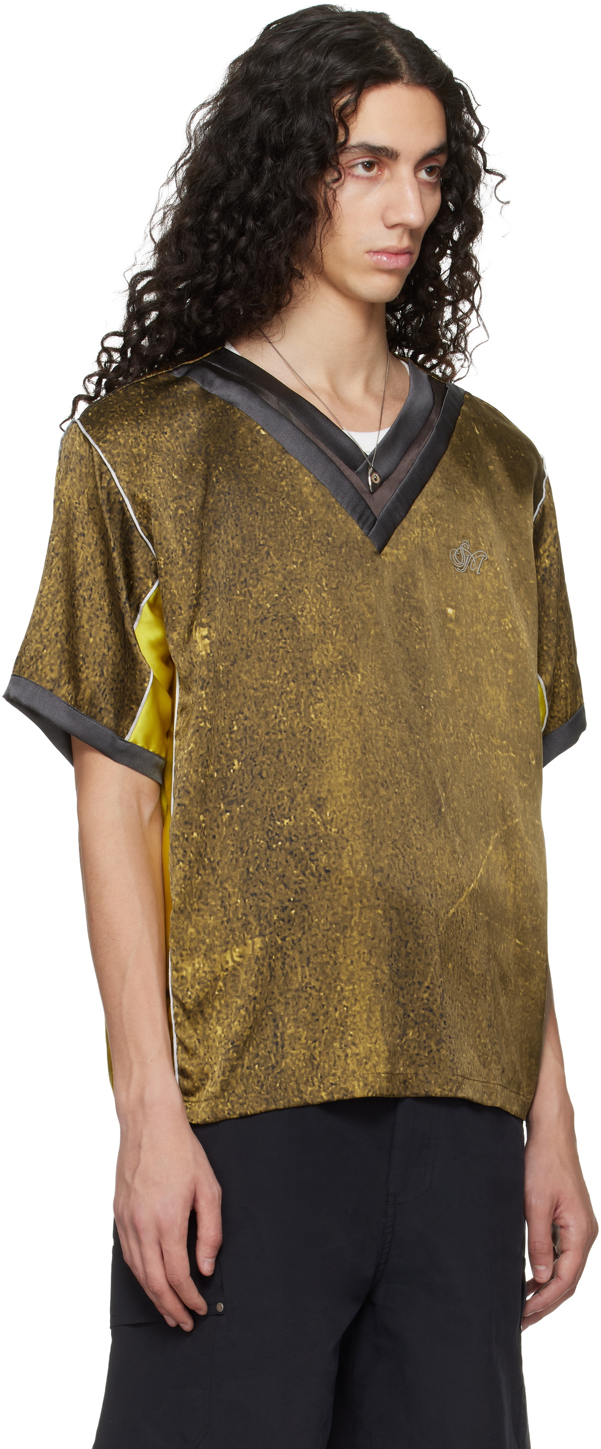 Serapis Khaki Satin Silk Double V-Neck Short Sleeve T-shirt