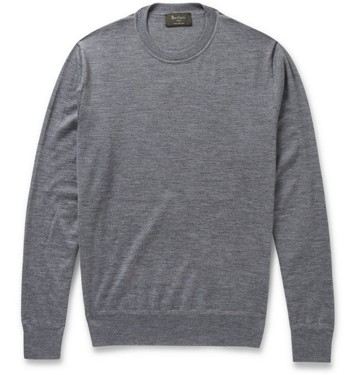 Photo: Berluti - Leather-Trimmed Fine-Knit Cashmere and Silk-Blend Sweater - Gray