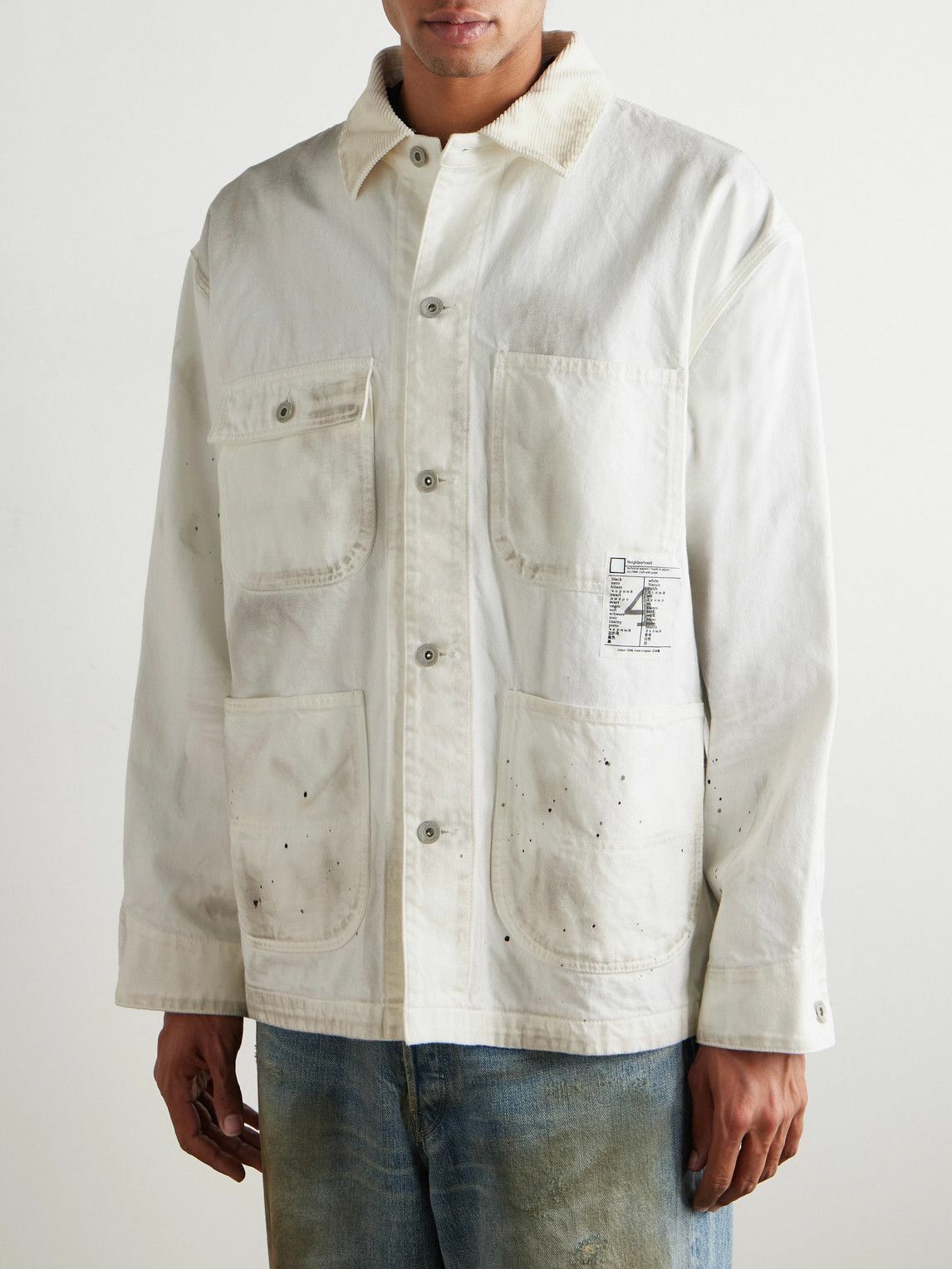 Neighborhood - Corduroy-Trimmed Paint-Splattered Denim Jacket - White