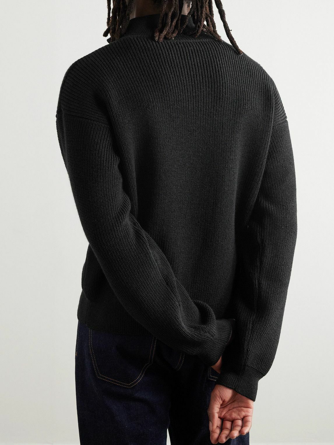CELINE - Logo-Embroidered Ribbed Wool Half-Zip Sweater - Black Celine