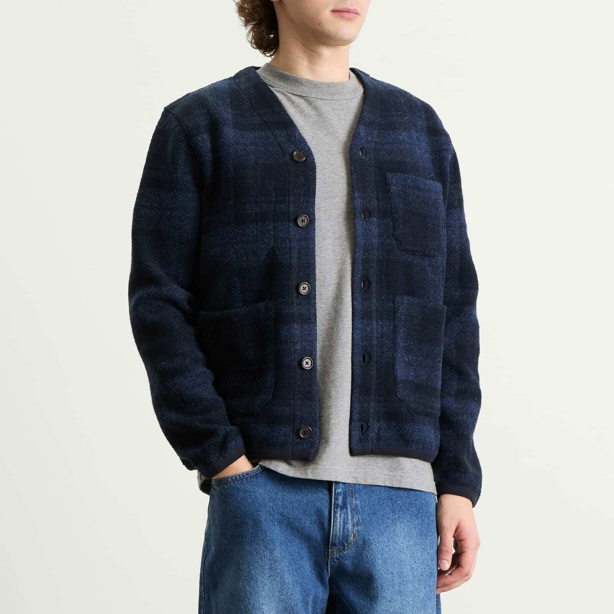 Universal Works Men's MOH Check Fleece Cardigan in Navy