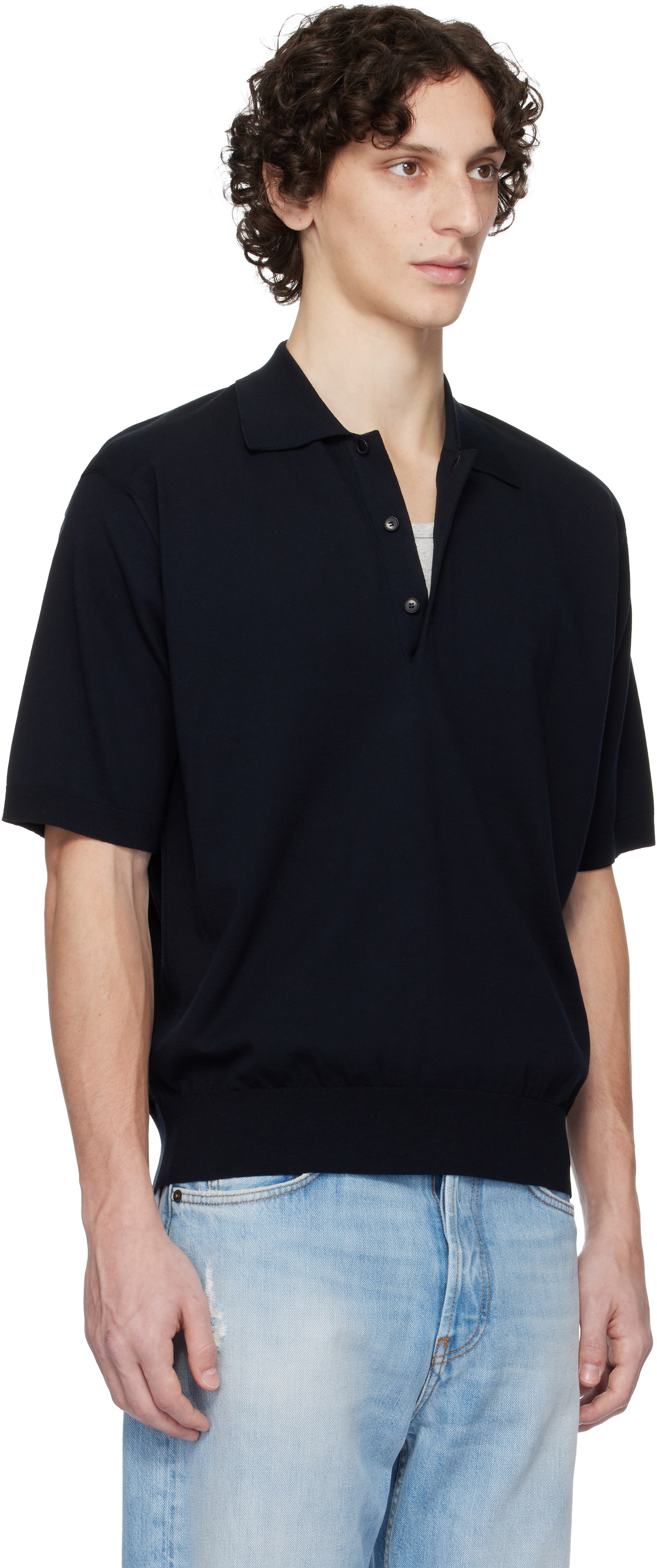 AURALEE Navy Super High Gauge Cotton Knit Polo Auralee