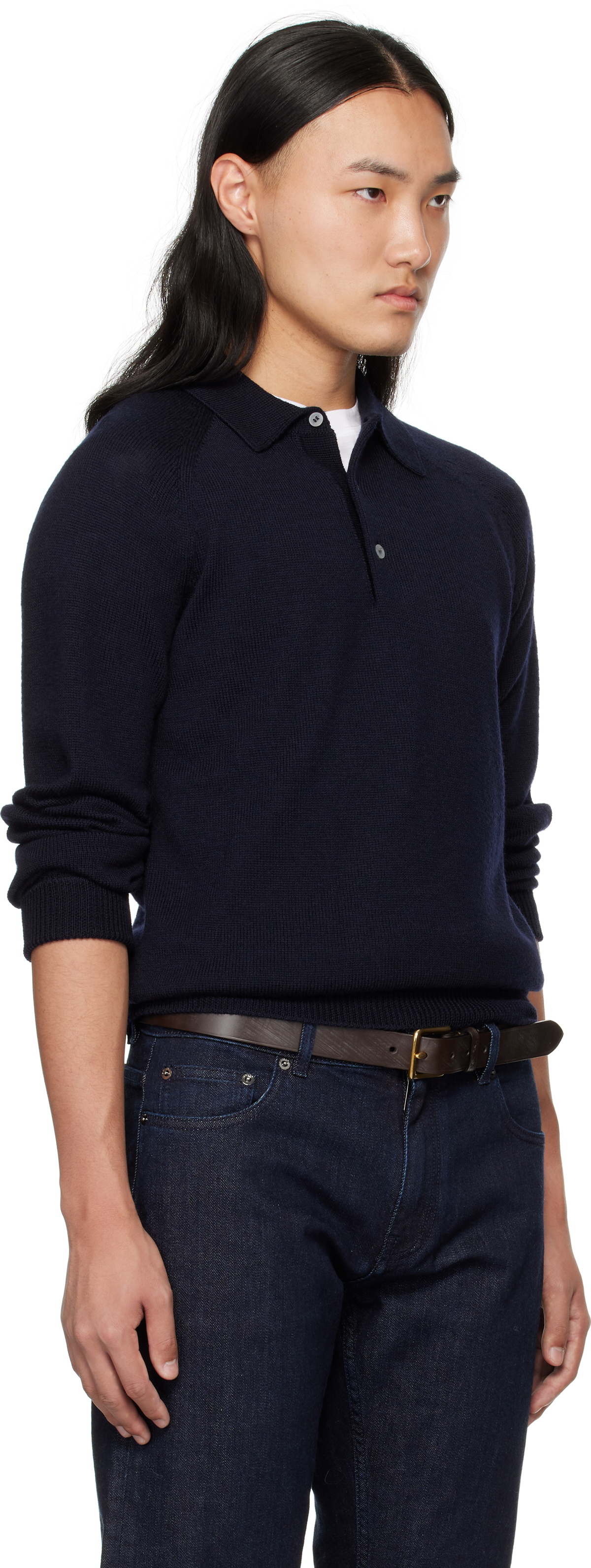 Drake's Navy Merino Wool Knitted Polo
