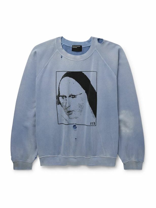Photo: Enfants Riches Déprimés - Singing Woman Distressed Printed Garment-Dyed Cotton-Jersey Sweatshirt - Blue