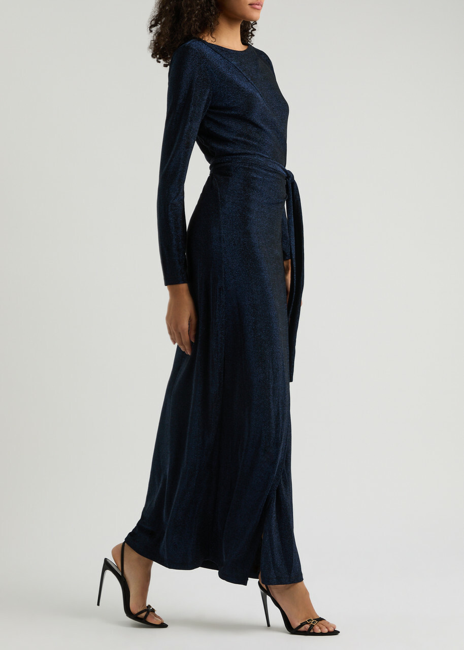 Diane Von Furstenberg Simona Wrap-effect Lamé Maxi Dress Dark Navy