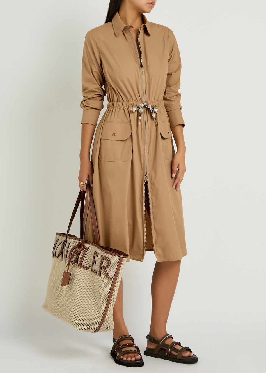 Moncler Drawstring Poplin Midi Shirt Dress Beige