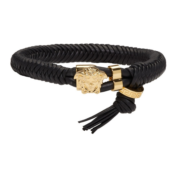 Photo: Versace Black and Gold Leather Braid Bracelet