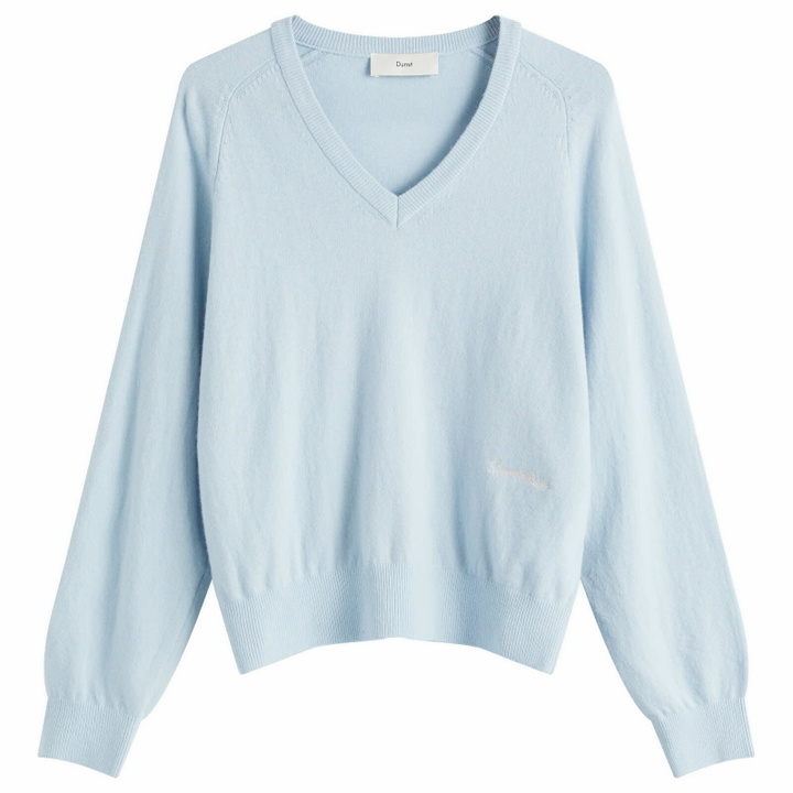 Photo: DUNST Women's Unisex Loose V-Neck Sweater in Soft Blue