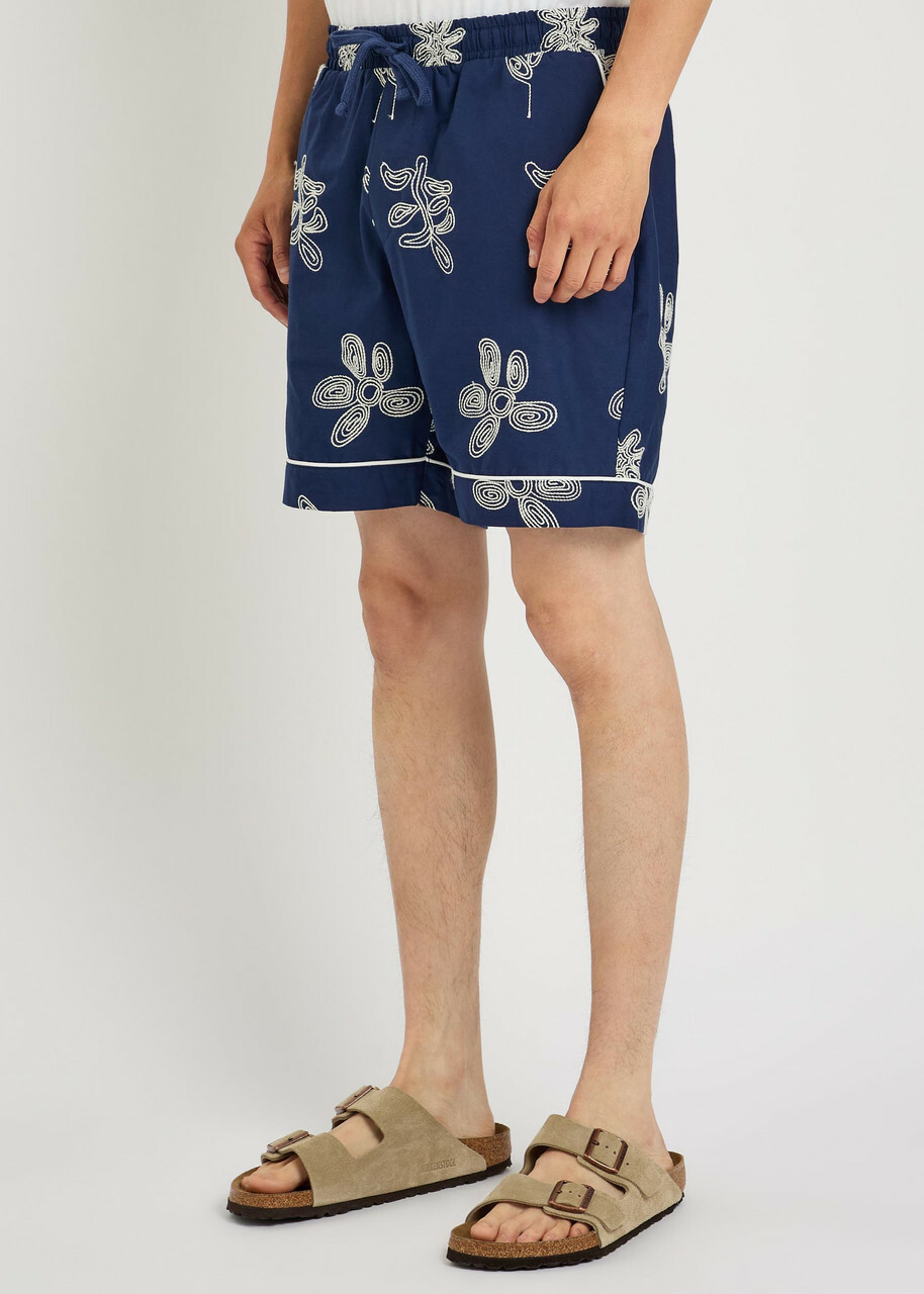 Che Flores Floral-embroidered Cotton Shorts Navy
