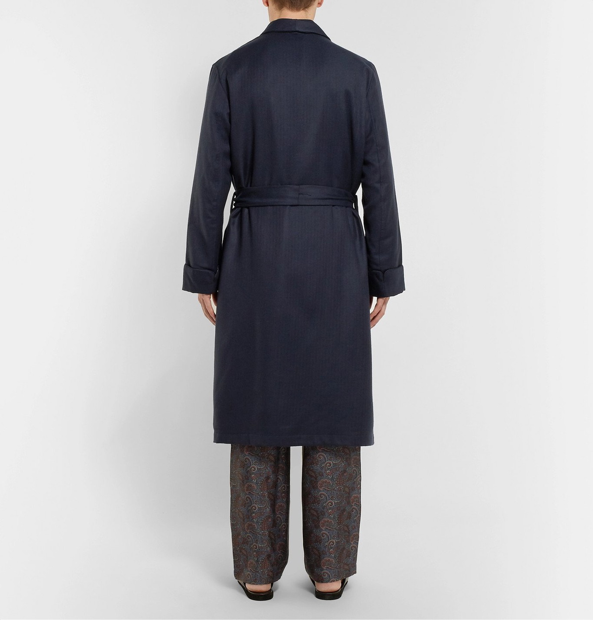 Sulka - Silk-Trimmed Herringbone Cashmere Robe - Blue
