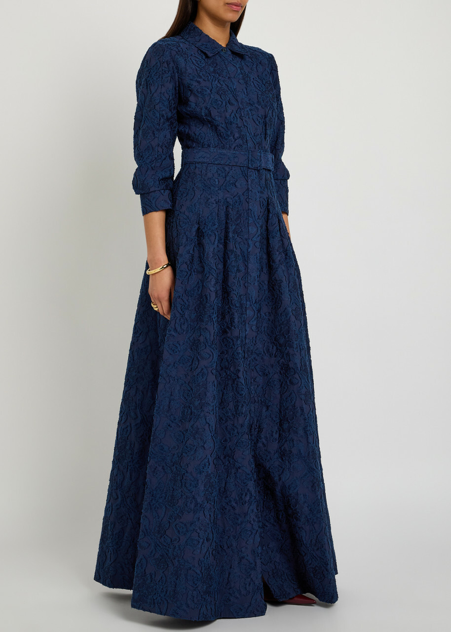 Simkhai Courtney Floral-jacquard Belted Cotton-blend Gown Navy