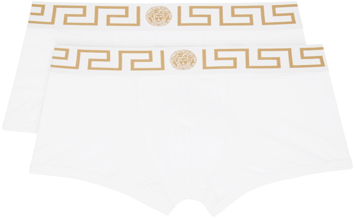Photo: Versace Underwear Two-Pack White Greca Border Boxer Briefs