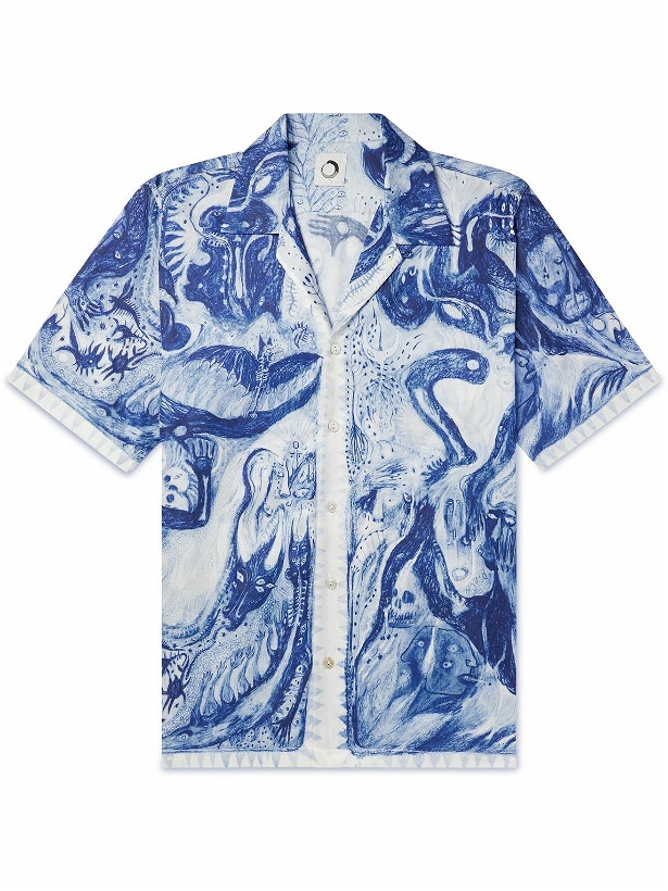 Photo: Endless Joy - Hypnic Convertible-Collar Printed Silk and Cotton-Blend Crepe Shirt - Blue