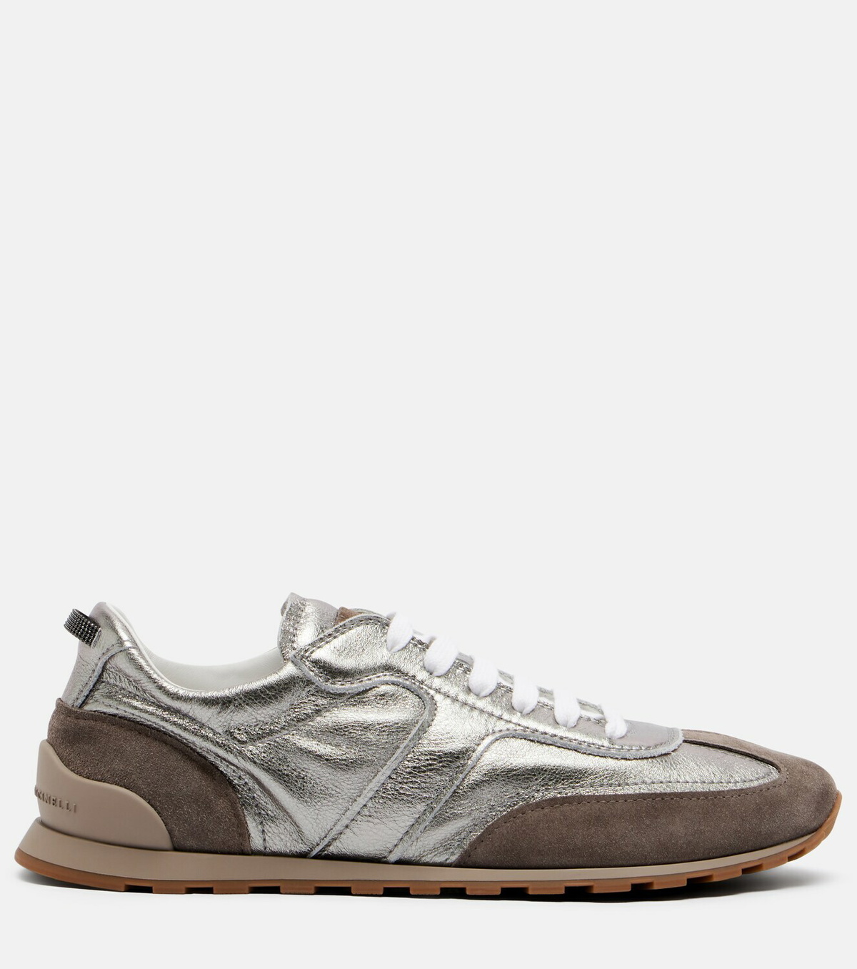 Brunello Cucinelli Monili suede-trimmed metallic leather sneakers