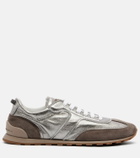 Brunello Cucinelli Monili suede-trimmed metallic leather sneakers