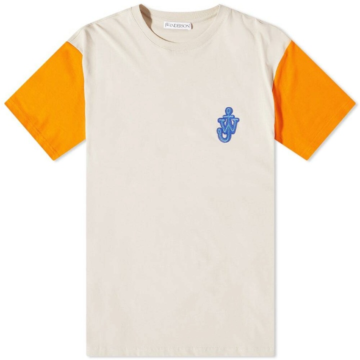 Photo: JW Anderson Men's Anchor Patch Contrast Sleeve T-Shirt in Cement/Orange