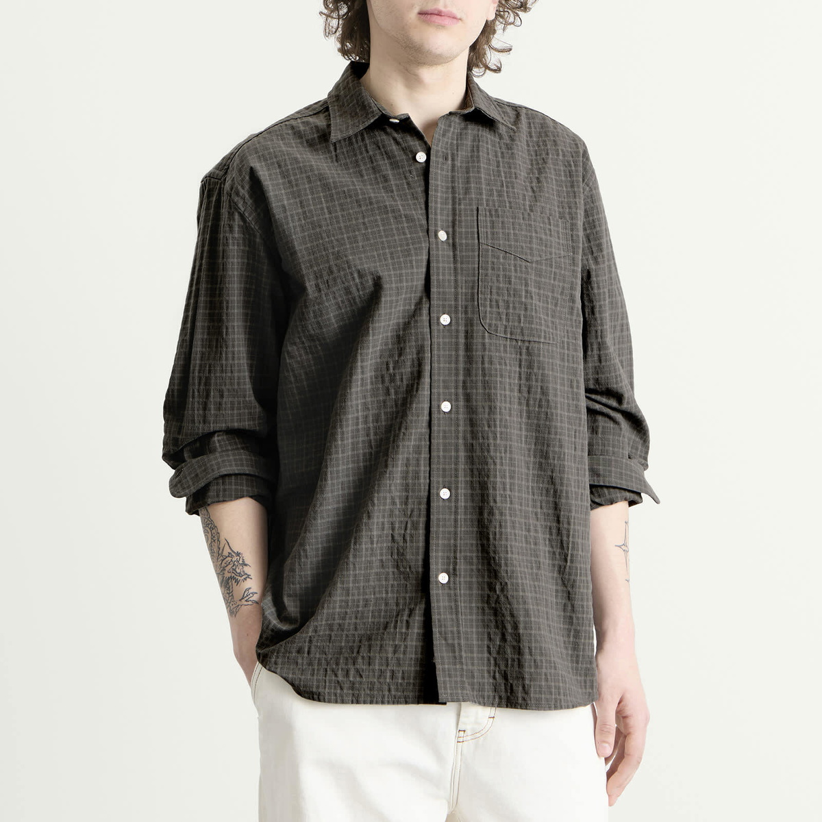 Foret Men's Scout Micro Check Shirt in Faded Black Check