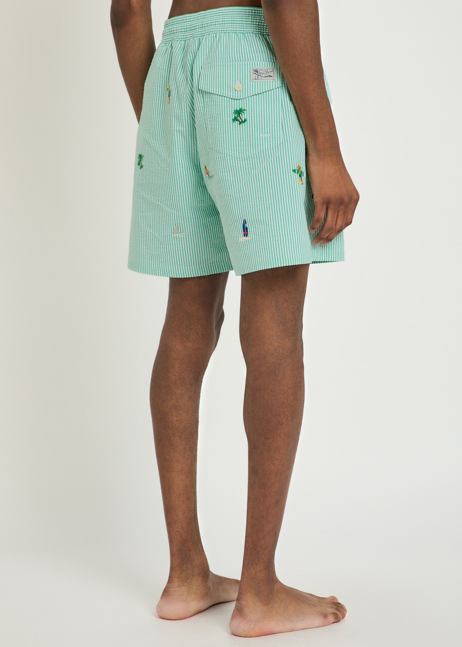 Polo Ralph Lauren Striped Embroidered Seersucker Swim Shorts Green