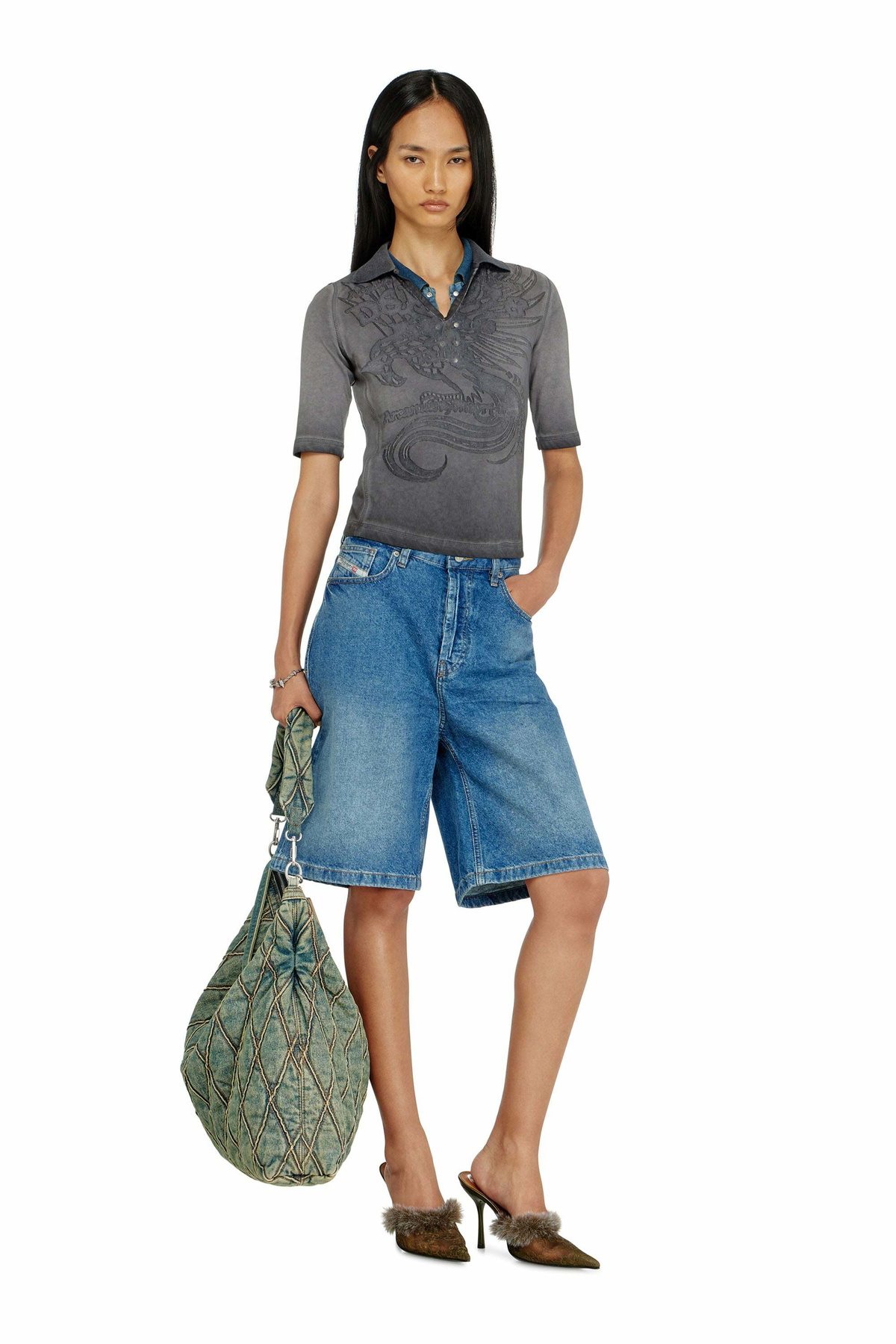 Diesel Slim polo with dévoré print - Polos Womens in Grey