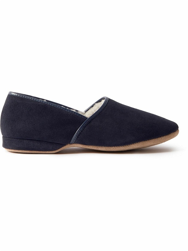 Photo: Derek Rose - Crawford Leather-Trimmed Shearling-Lined Suede Slippers - Blue