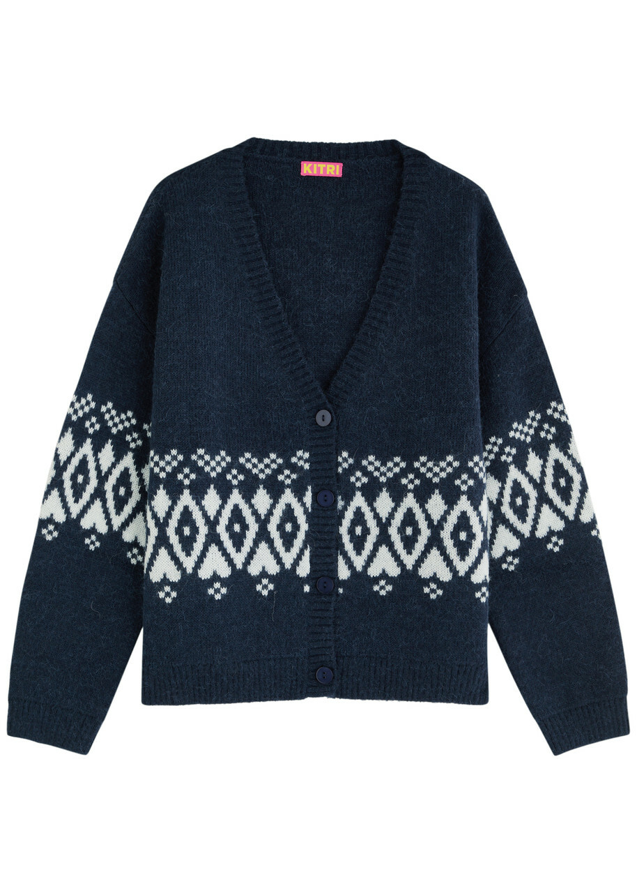 Kitri Felicia Fair Isle Knitted Cardigan Navy