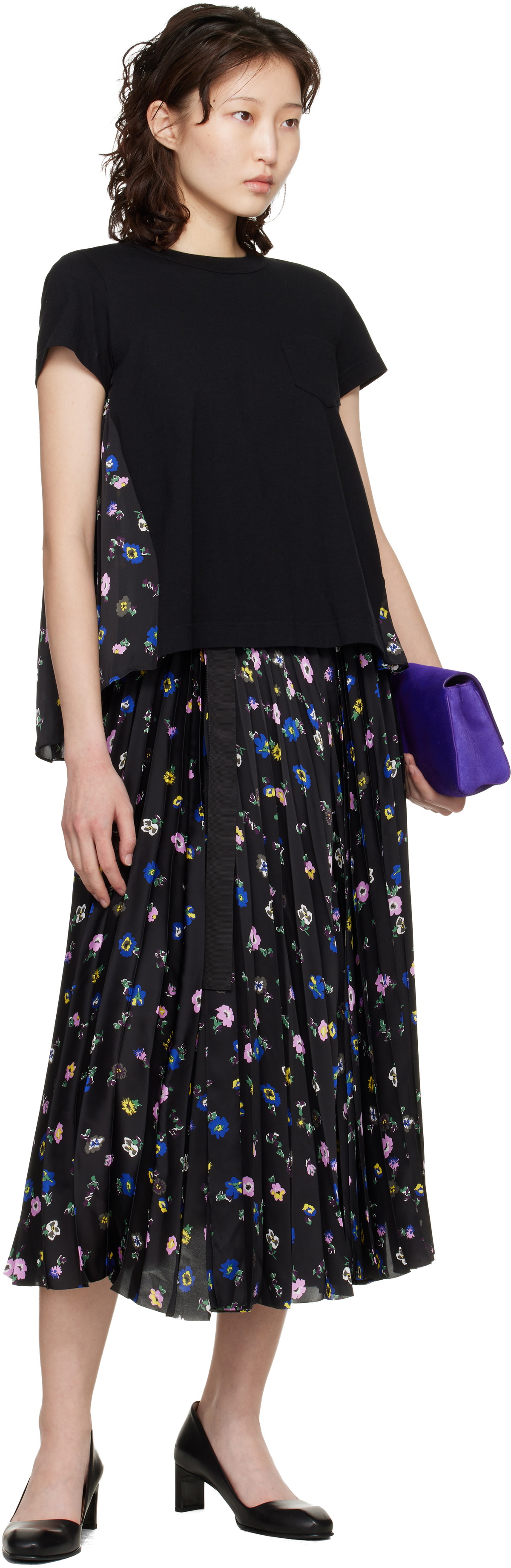 sacai Black Floral Print Midi Skirt