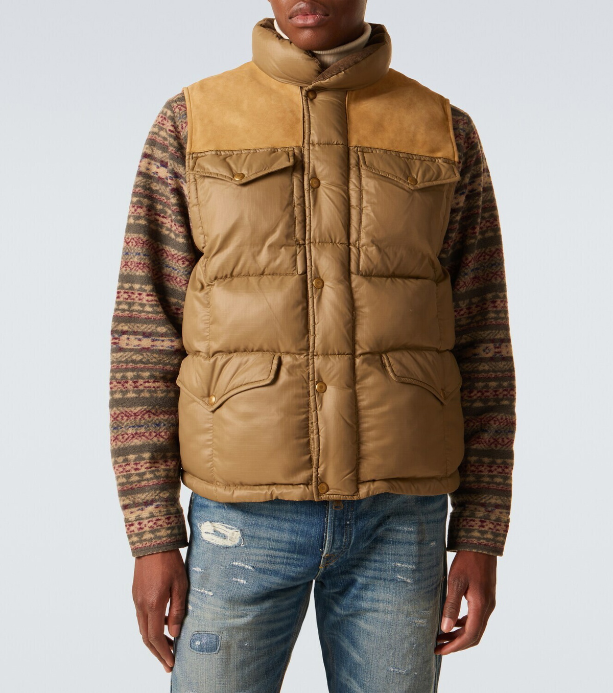 RRL Leather-trimmed ripstop puffer vest RRL