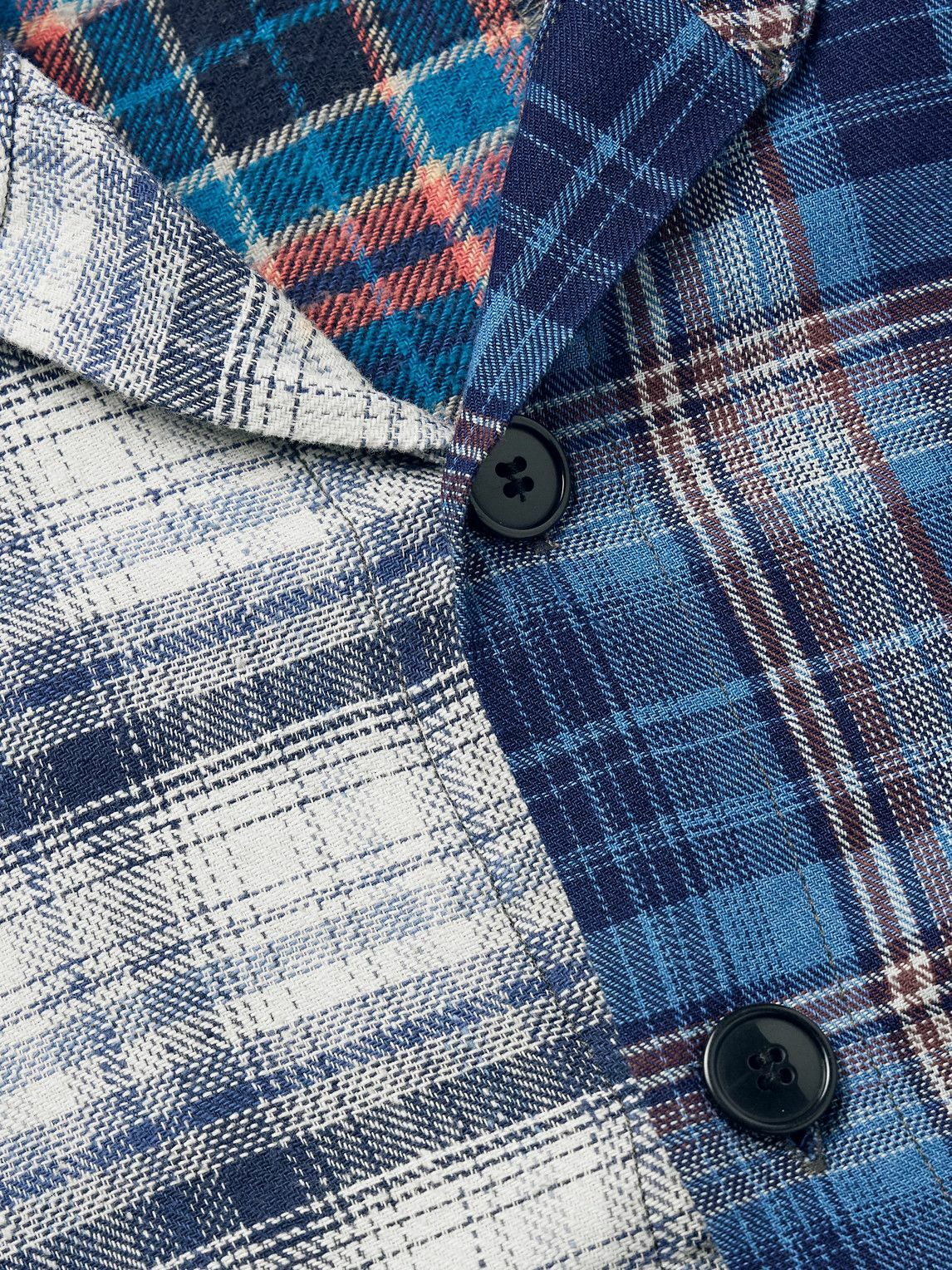 Greg Lauren - Denim-Trimmed Patchwork Checked Cotton and Flannel Shirt - Blue