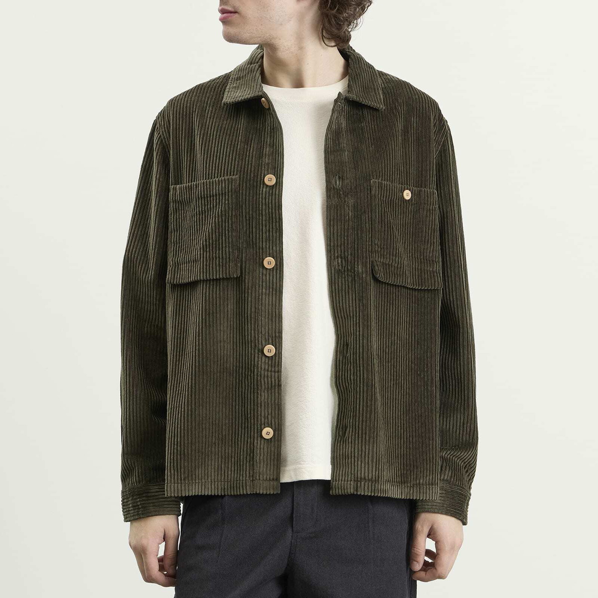 Folk Men's Patch Overshirt in Deep Sage Chunky Cord