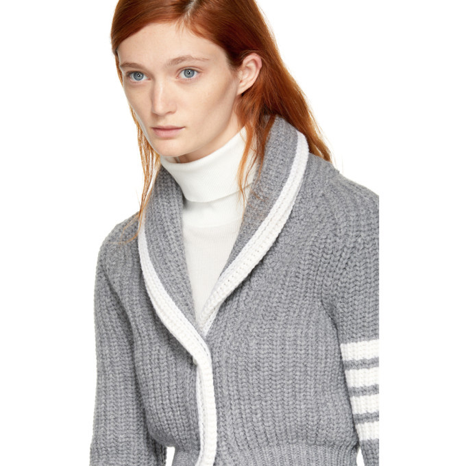 Thom Browne Grey Shawl Collar Four Bar Cardigan Thom Browne