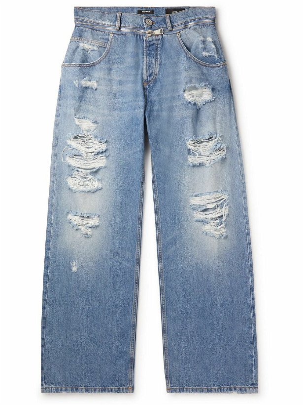 Photo: Balmain - Straight-Leg Zip-Detailed Distressed Jeans - Blue