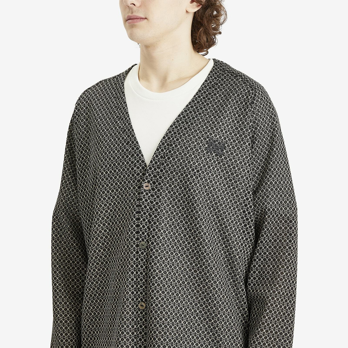 Needles Men's Woven V-Neck Cardigan in Black/Natural Grid