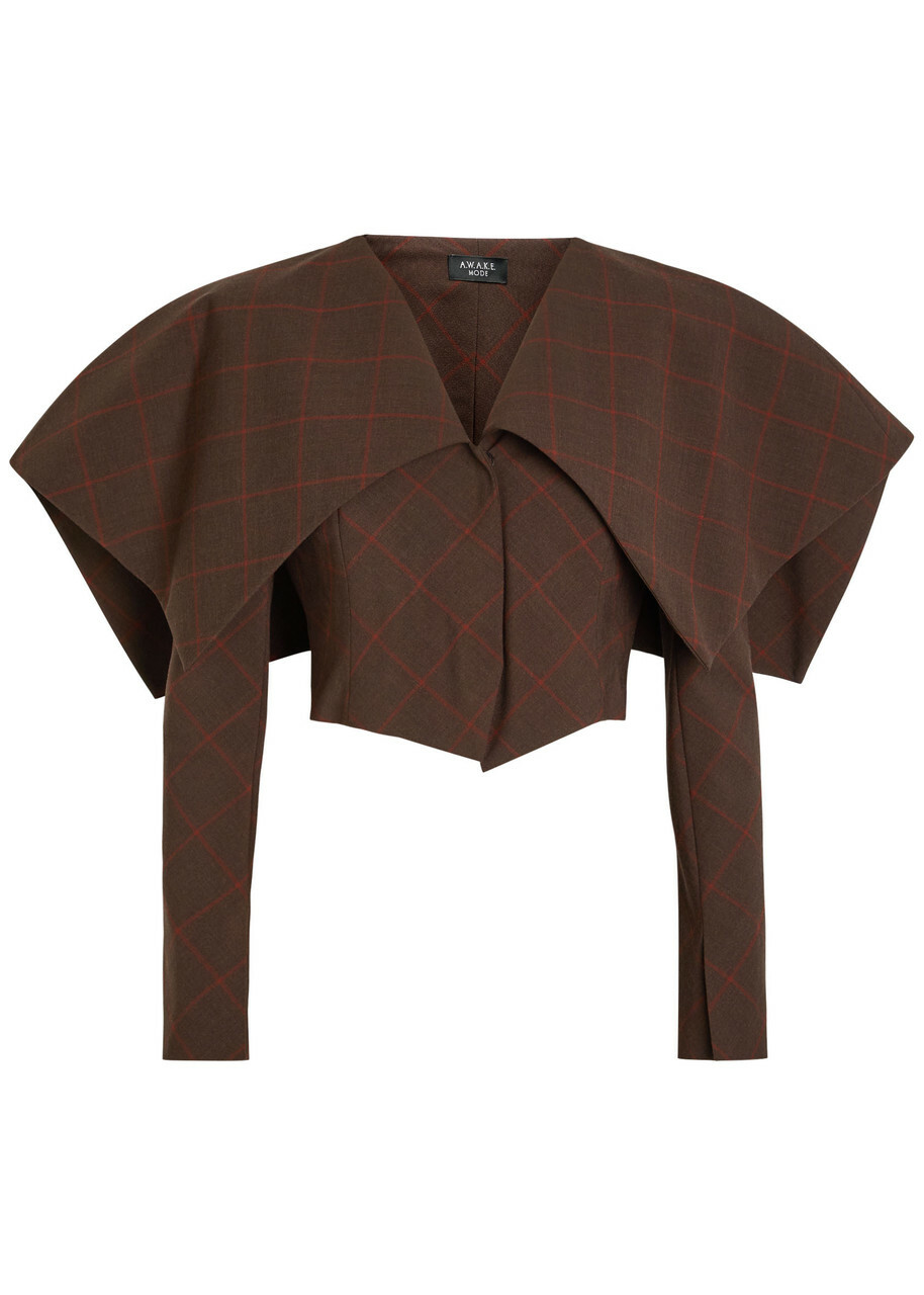 A.W.A.K.E Mode Oversized-collar Checked Cropped Jacket Brown