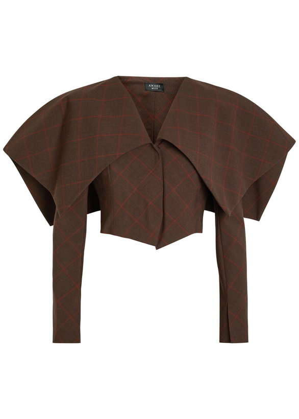 Photo: A.W.A.K.E Mode Oversized-collar Checked Cropped Jacket Brown