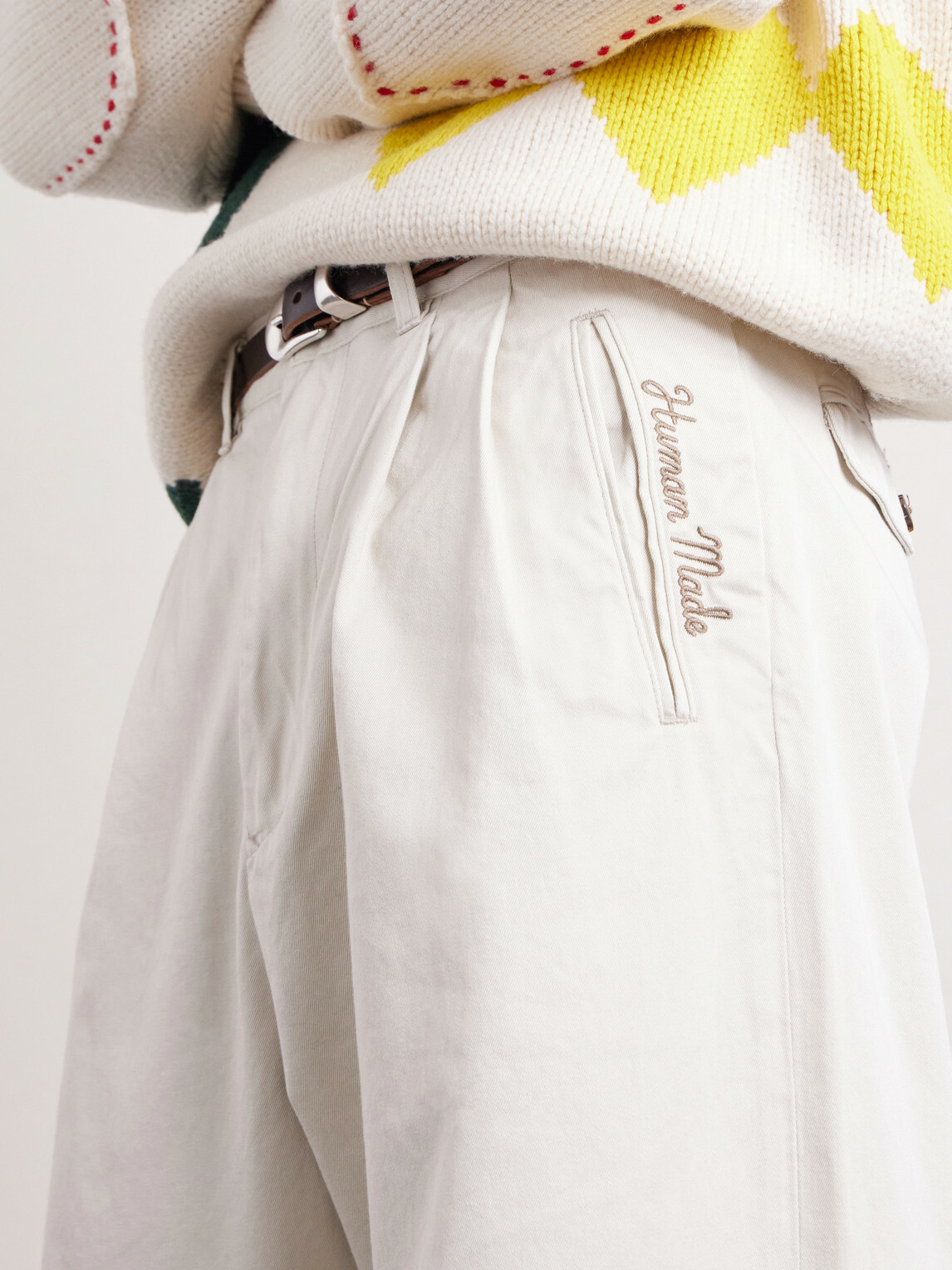 Human Made - Wide-Leg Logo-Embroidered Pleated Cotton-Twill Chinos - White