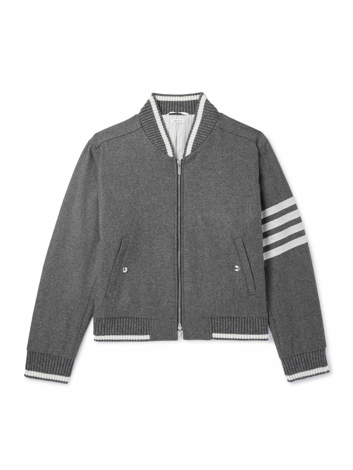 Photo: Thom Browne - Striped Wool and Cashmere-Blend Zip-Up Bomber Jacket - Gray
