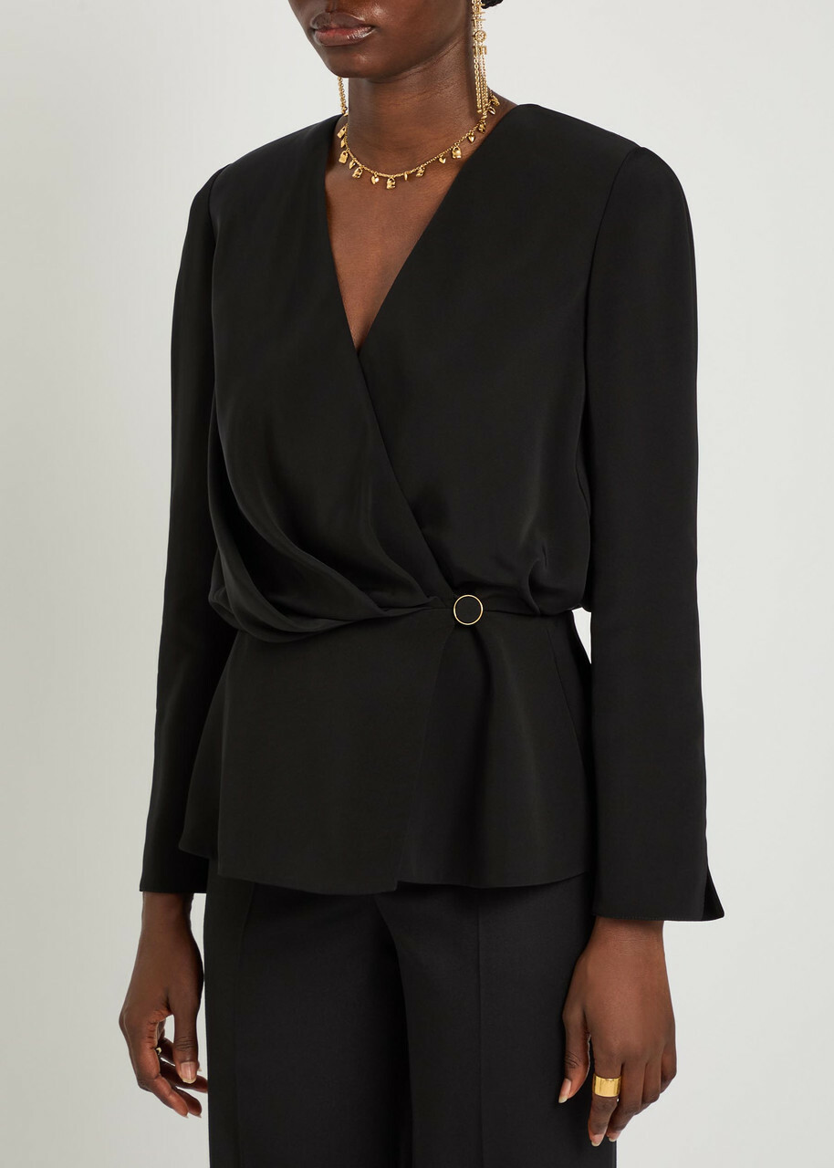Chloe Draped Woven Wrap Blouse Black