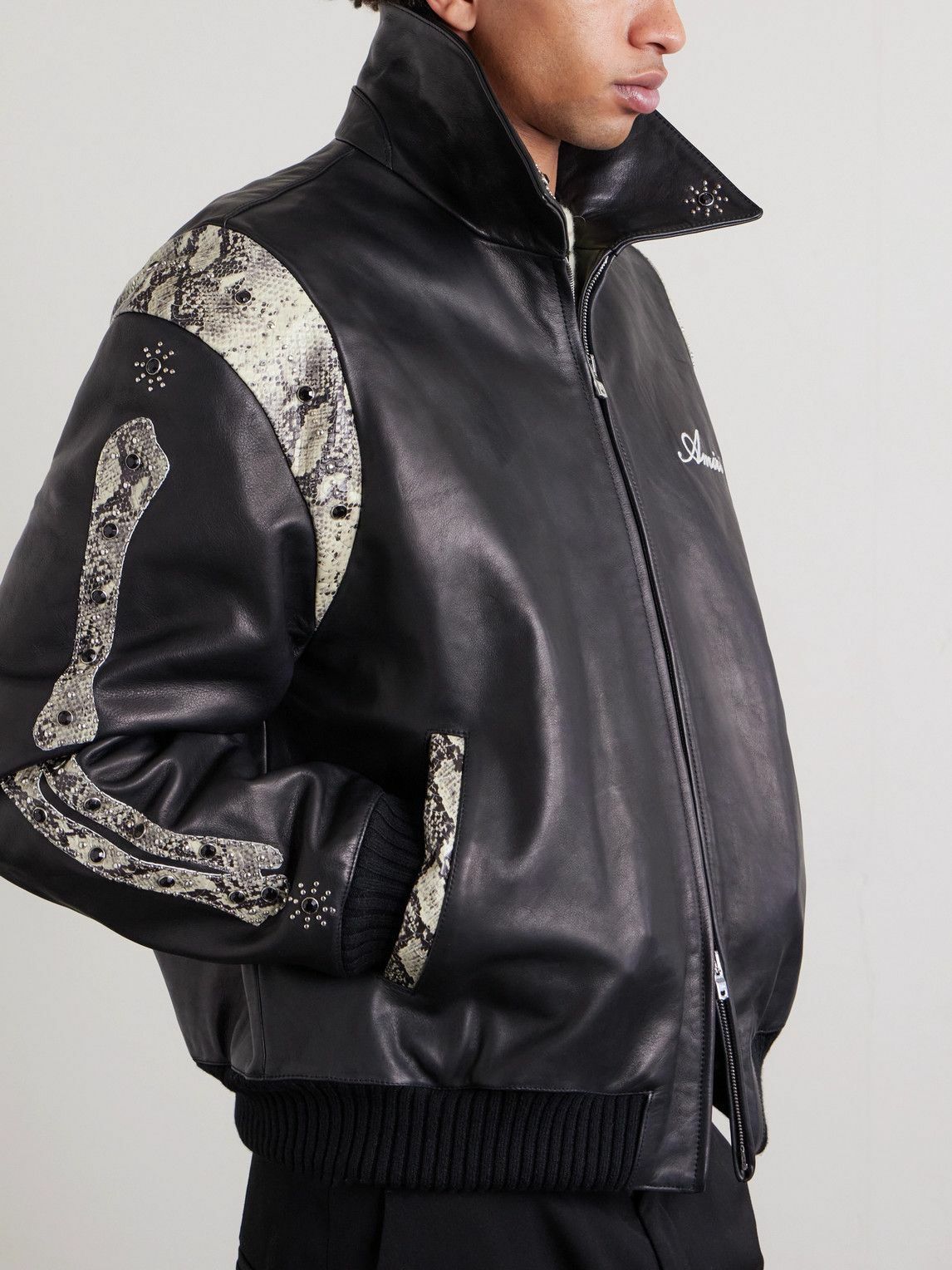 AMIRI - Bones Snake-Effect Panelled Studded Logo-Embroidered