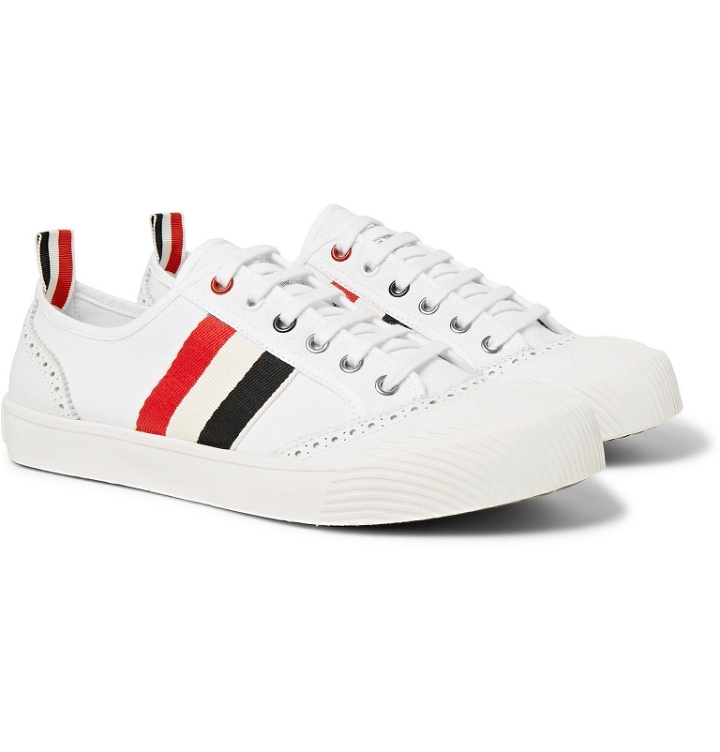 Photo: Thom Browne - Leather and Grosgrain-Trimmed Canvas Sneakers - White
