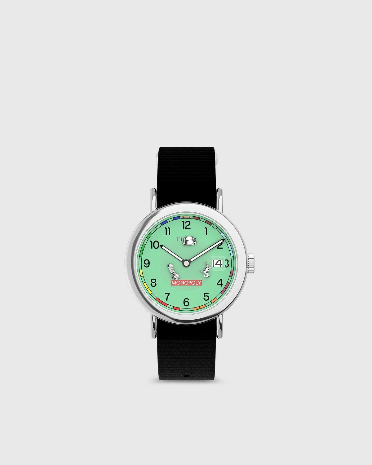 Timex X Monopoly Weekender 37Mm Silver Tone Case Green Dial Black Strap Green Mens Watch