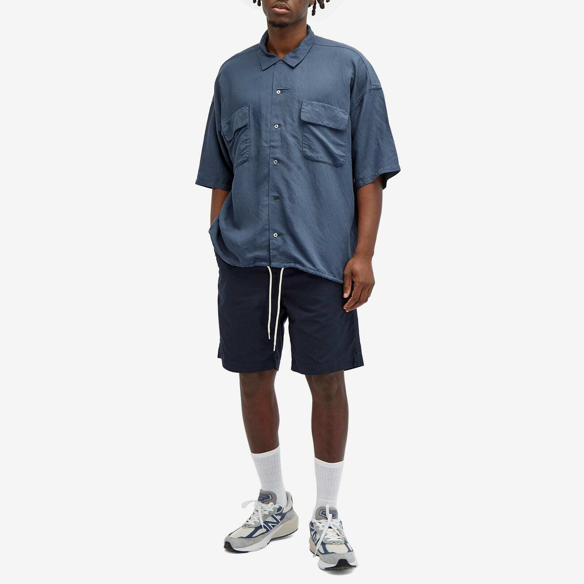Nanamica Men's Open Collar Cupra Hemp Shirt in Navy Nanamica