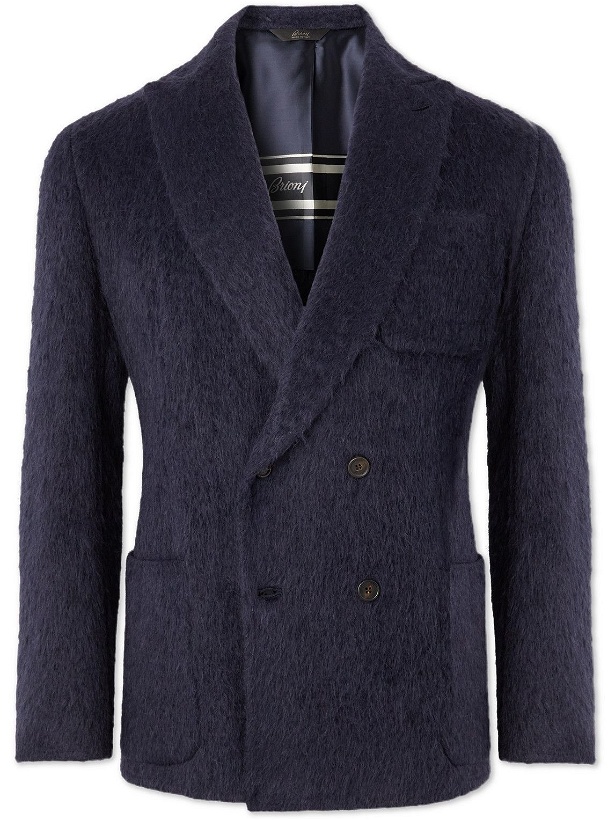 Photo: Brioni - Double-Breasted Brushed Alpaca and Wool-Blend Blazer - Blue
