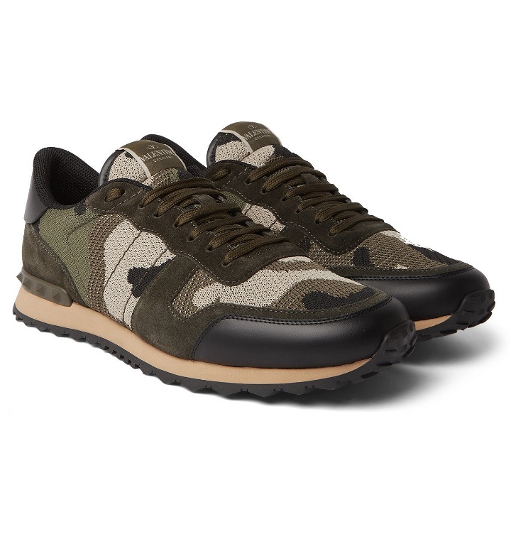 Photo: Valentino - Valentino Garavani Rockrunner Camouflage-Print Mesh, Leather and Suede Sneakers - Green