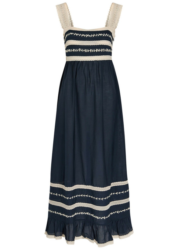 Photo: Rixo Malie Lace-trim Cotton-blend Midi Dress Navy