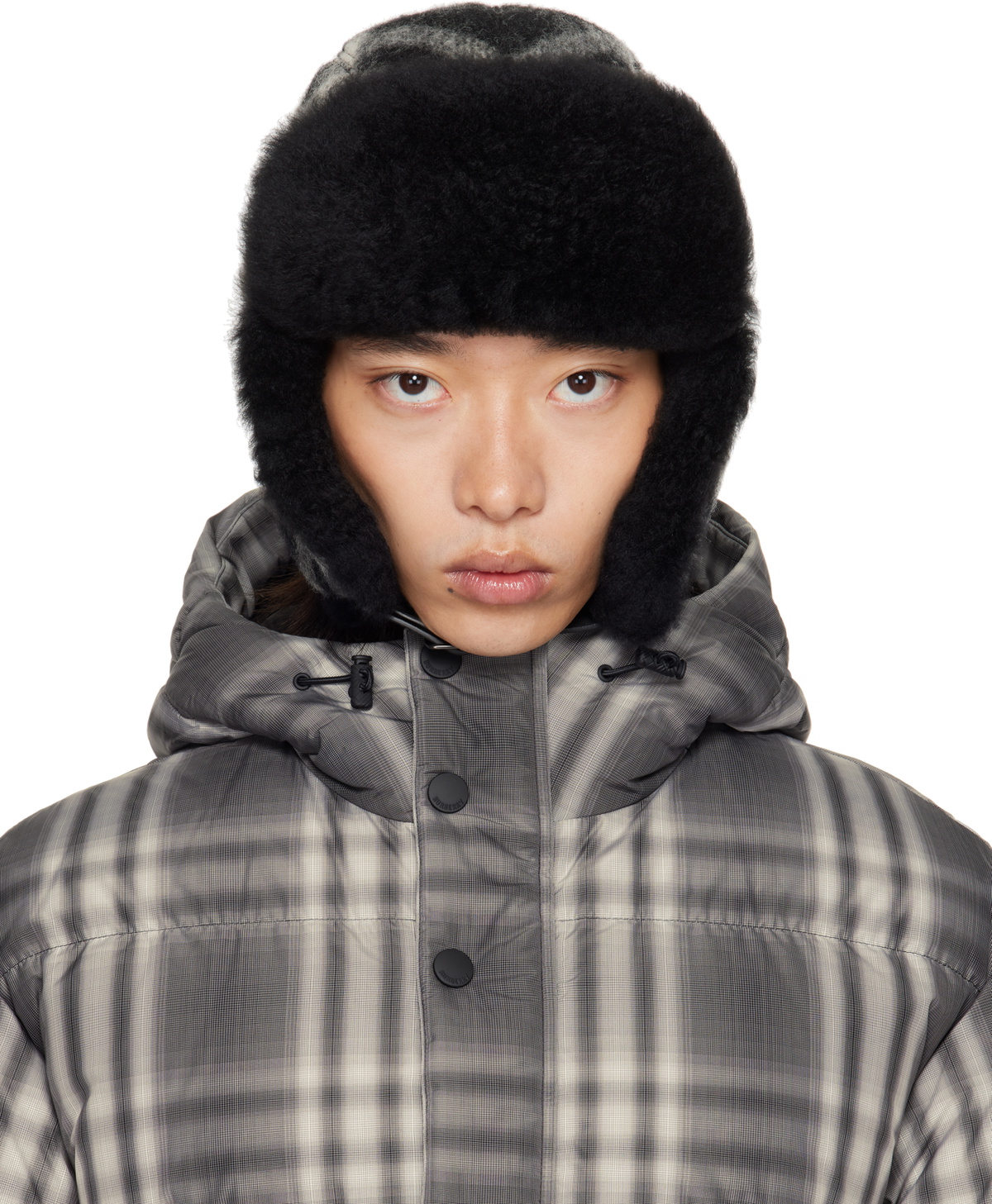 Burberry Black & Off-White Check Wool Trapper Hat
